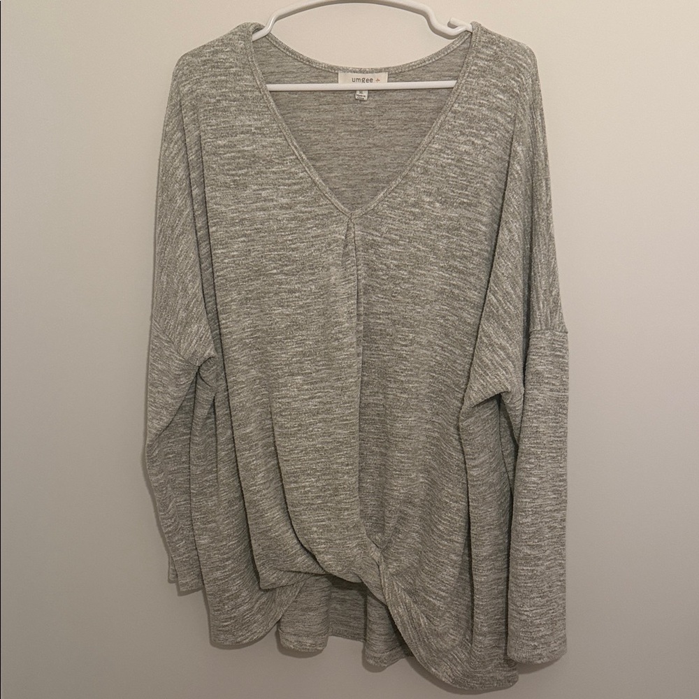Umgee Gray V-Neck Women's Sweatshirt with Twist knot detail -XL